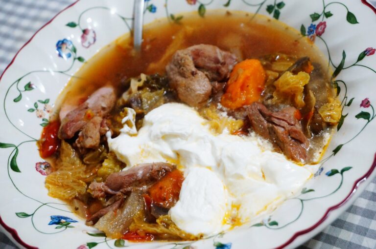 Борщ из утки, батата, савойской капусты, фенхеля, вяленых помидоров и копченых оливок. Концепт 5